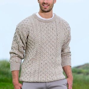 Men’s Aran Heavyweight 100% Wool Fisherman Chunky Cable Knit Crewneck Sweater